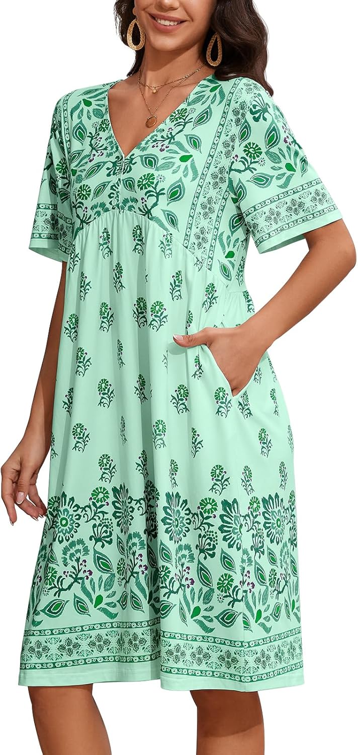 Womens House Dress Floral Print Nightgown with Pockets Mumu Dress S-3XL Light Gr...