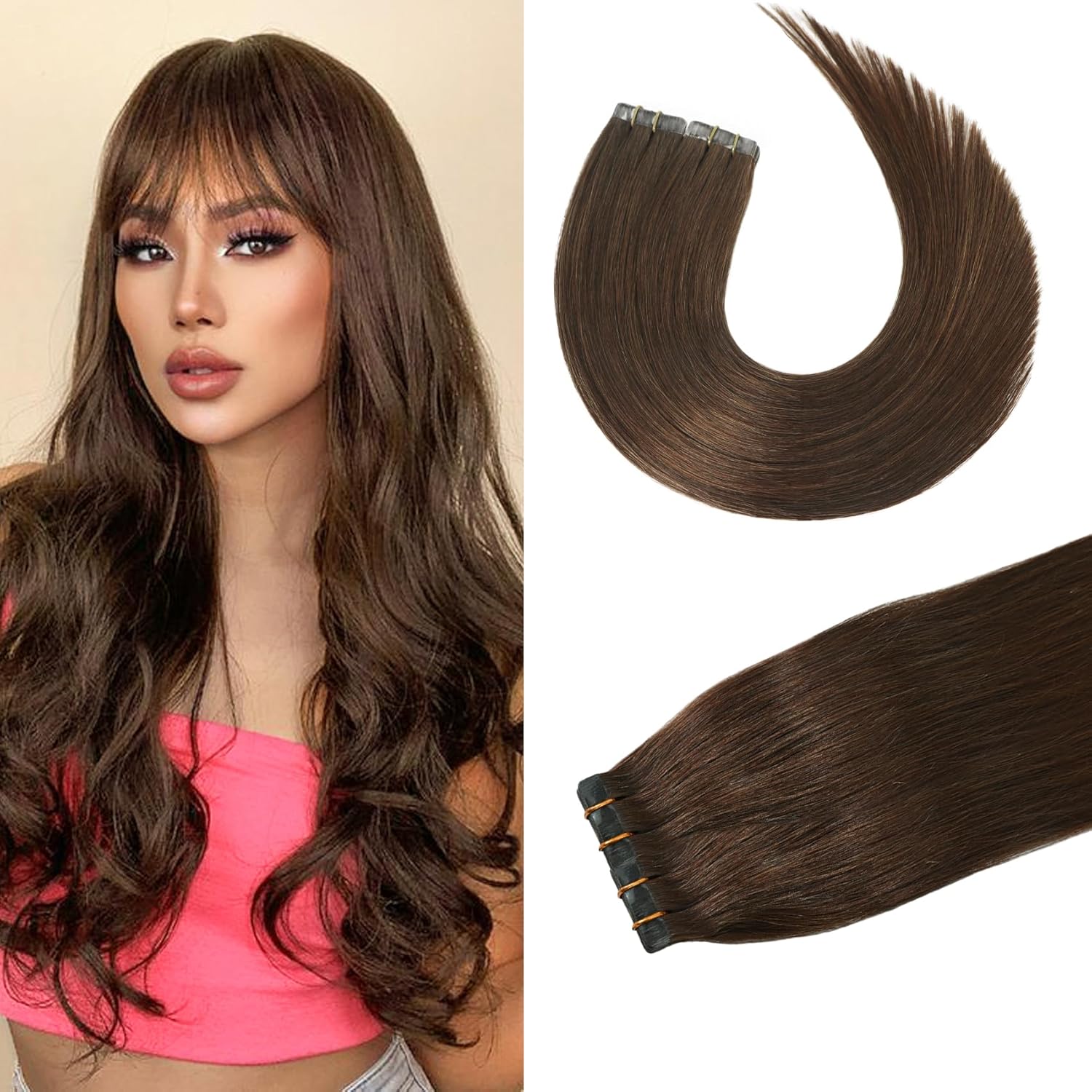 Aison Chocolate Brown Hair Extensions, High-Quality Tape in Human Hair Extension...