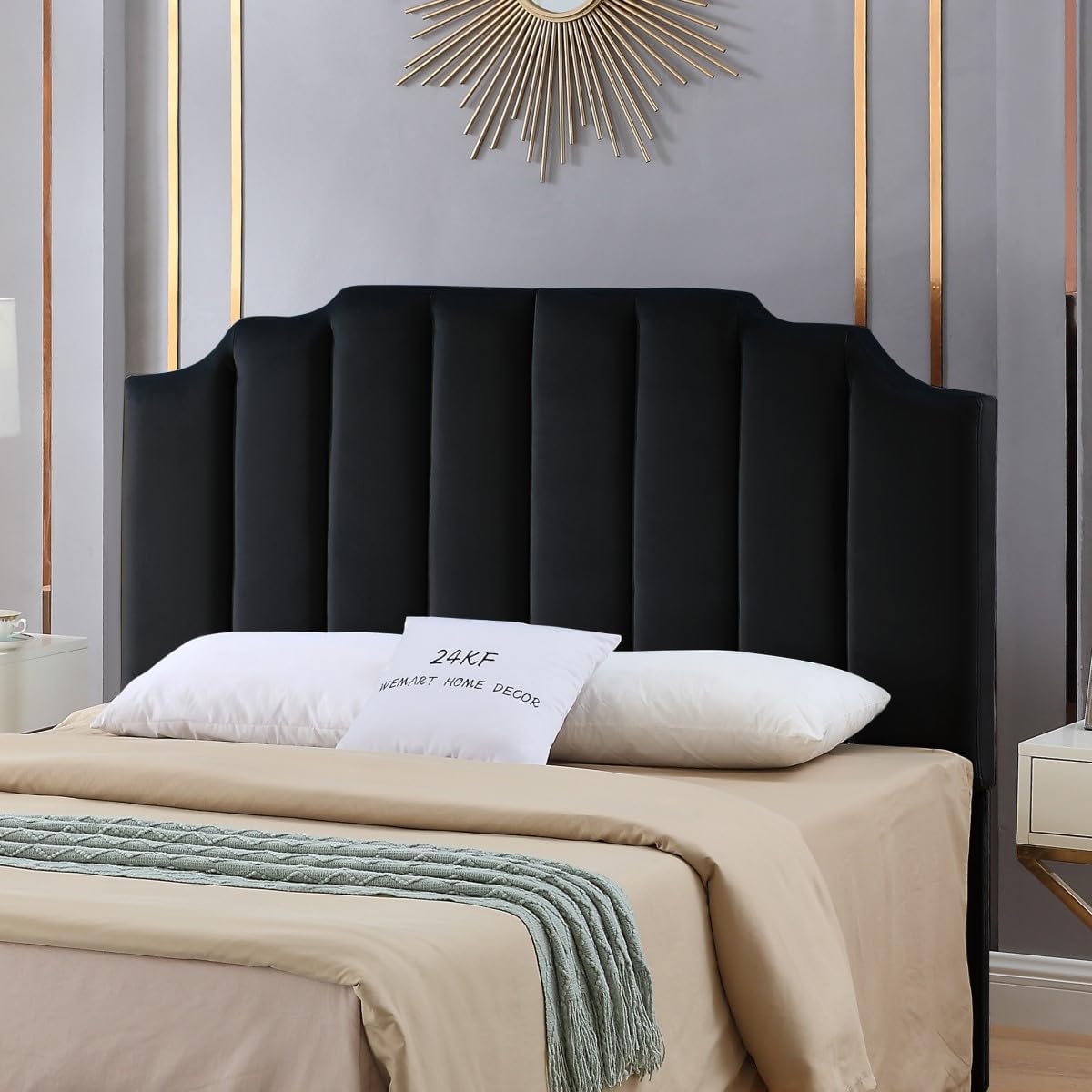 24KF Black Velvet Upholstered Queen Size Headboard Full Size Headboard,Tufted He...