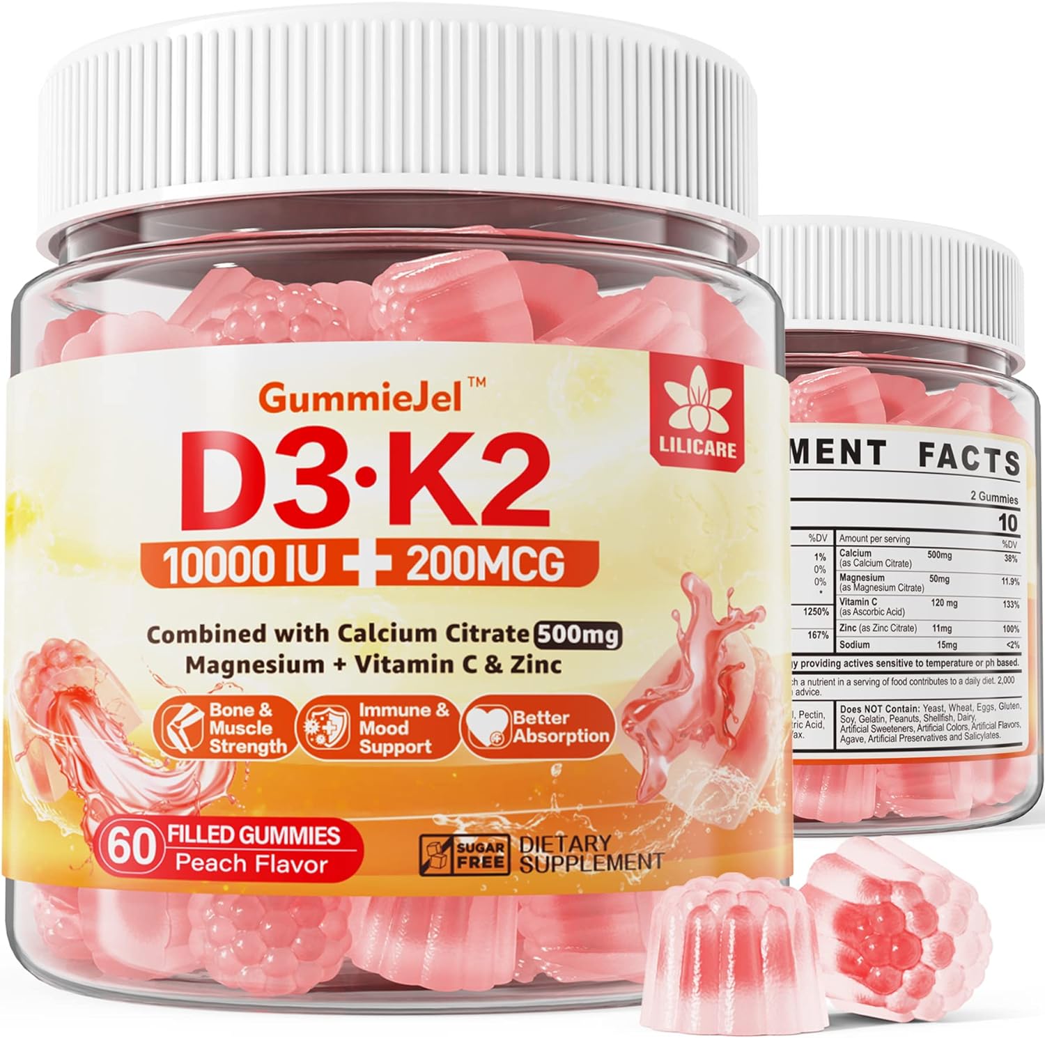 Sugar-Free Vitamin D3 K2 Filled Gummies 5000IU / 10,000 IU with 500mg Calcium +...