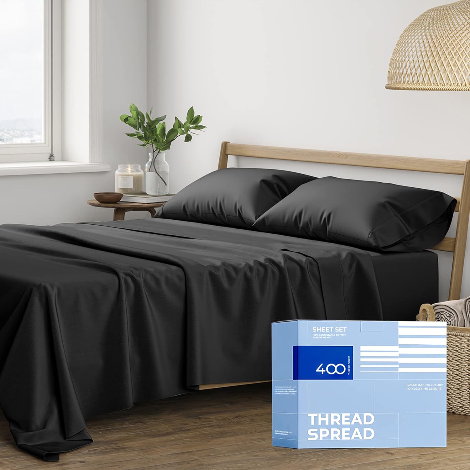 THREAD SPREAD Twin Sheets Set Cotton - 400 Thread Count 100% Cotton Twin Sheet S...