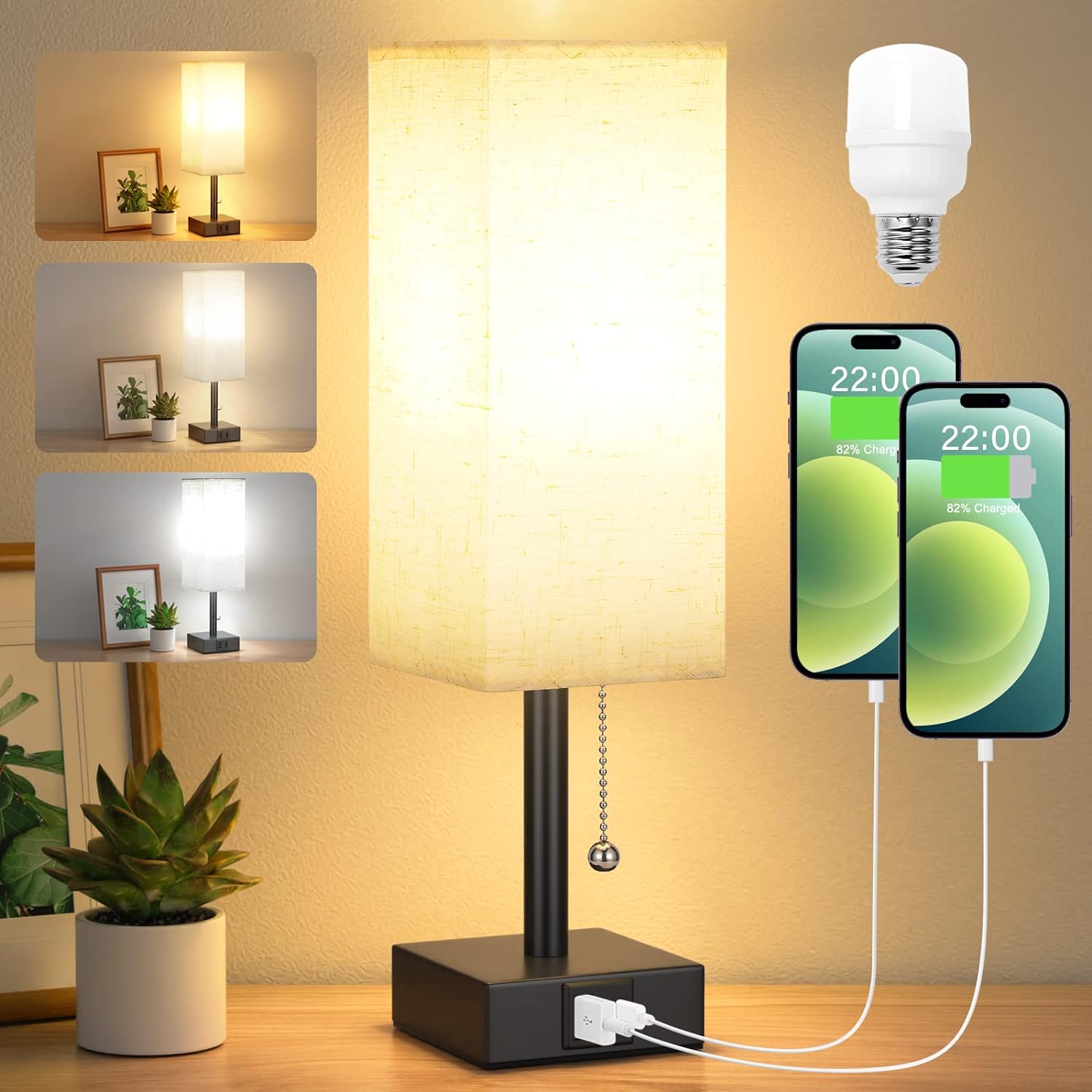 Bedside Table Lamp with 3 Color Temperatures - 3000/4000/5000K Small Lamp with U...