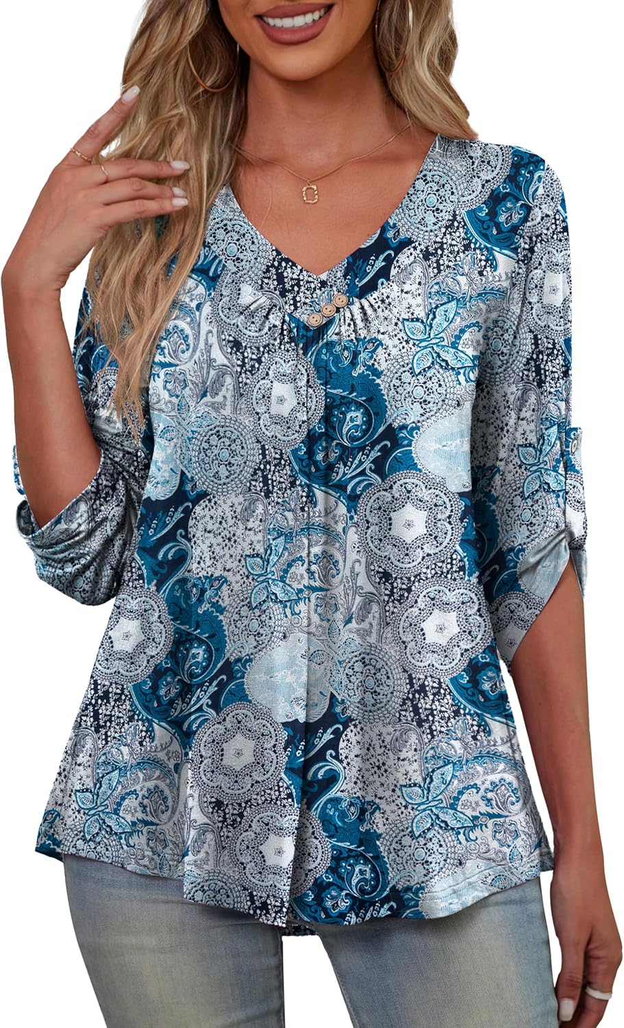 FOLUNSI Womens Plus Size Blouses, Special 3/4 Roll Sleeve Womens Tops, Stylish V...