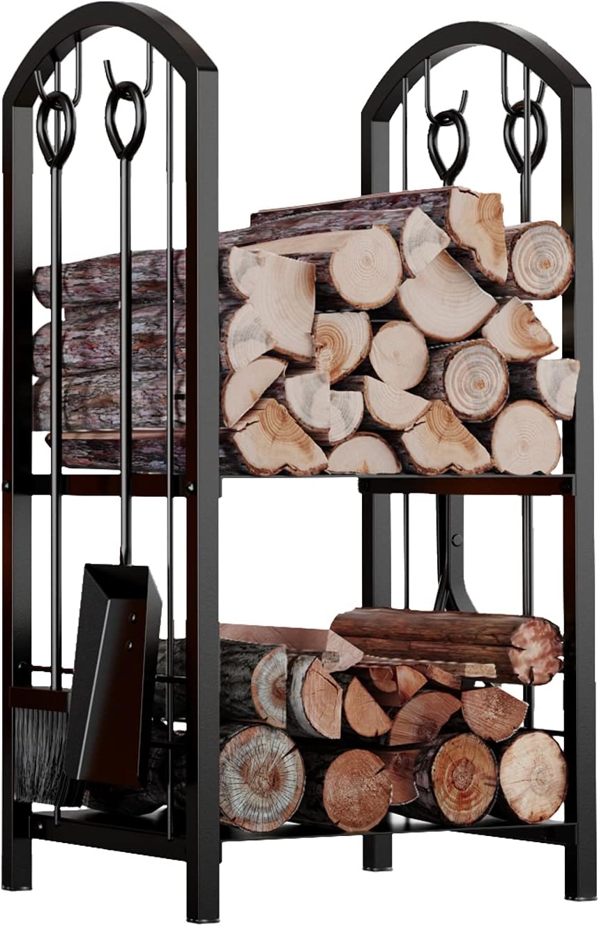 Fire Beauty Fireplace Firewood Log Rack 5-Piece Storage Logs Holder with Tools S...