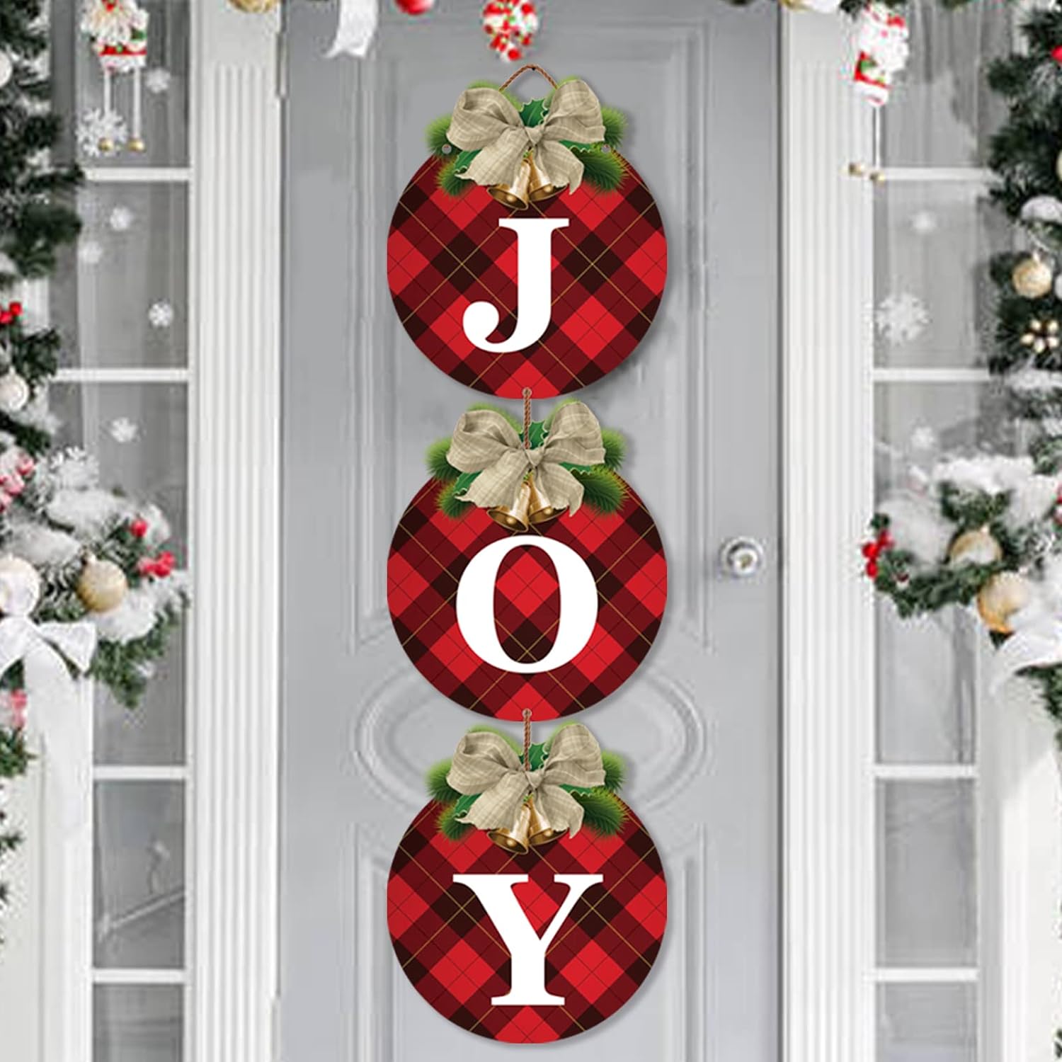 Buffalo Plaid Christmas Wreaths for Front Door - 3pcs Rustic Christmas Decor Joy...