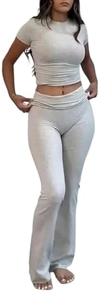 Two Piece Lounge Sets for Women Fold Over Flare Pants Short Sleeve Crop Top Y2k...