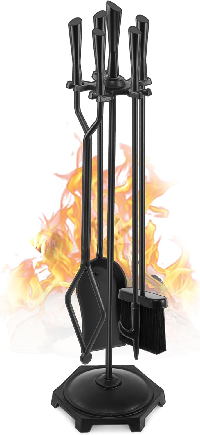 Gtongoko 5 Pcs Fireplace Tools Set 32" Black Wrought Iron Large Fire Tool Set fo...
