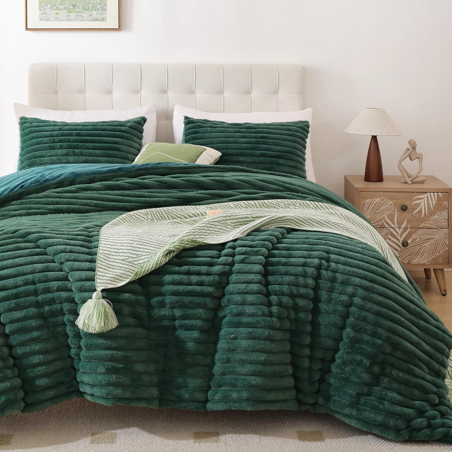 Smoofy Fluffy Queen Comforter Set 3 Pieces - Darkgreen Fleece Fluffy Comforter Q...