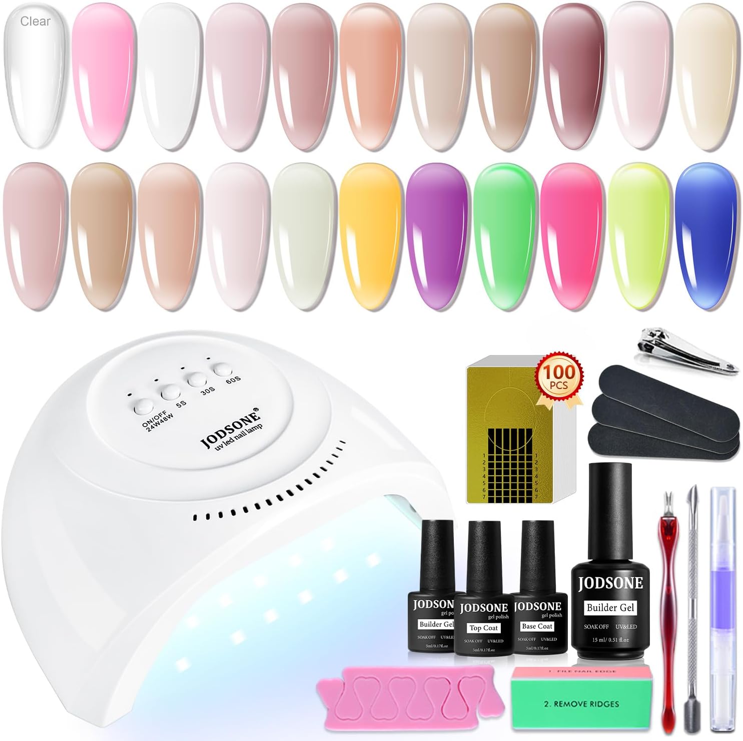 JODSONE Builder Gel Nail Kit with U V Light Base Top Coat 20 Colors High Shine B...