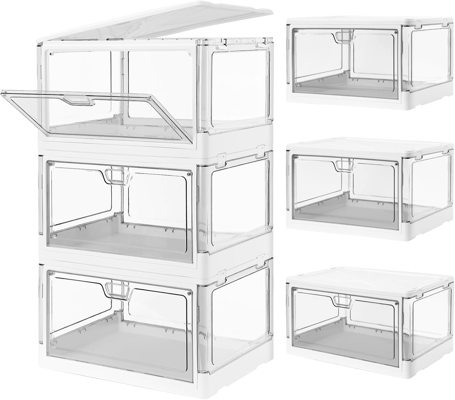 3-Pack Clear Stackable Storage Bins with Lids Magnetic Doors Open Front Foldable...
