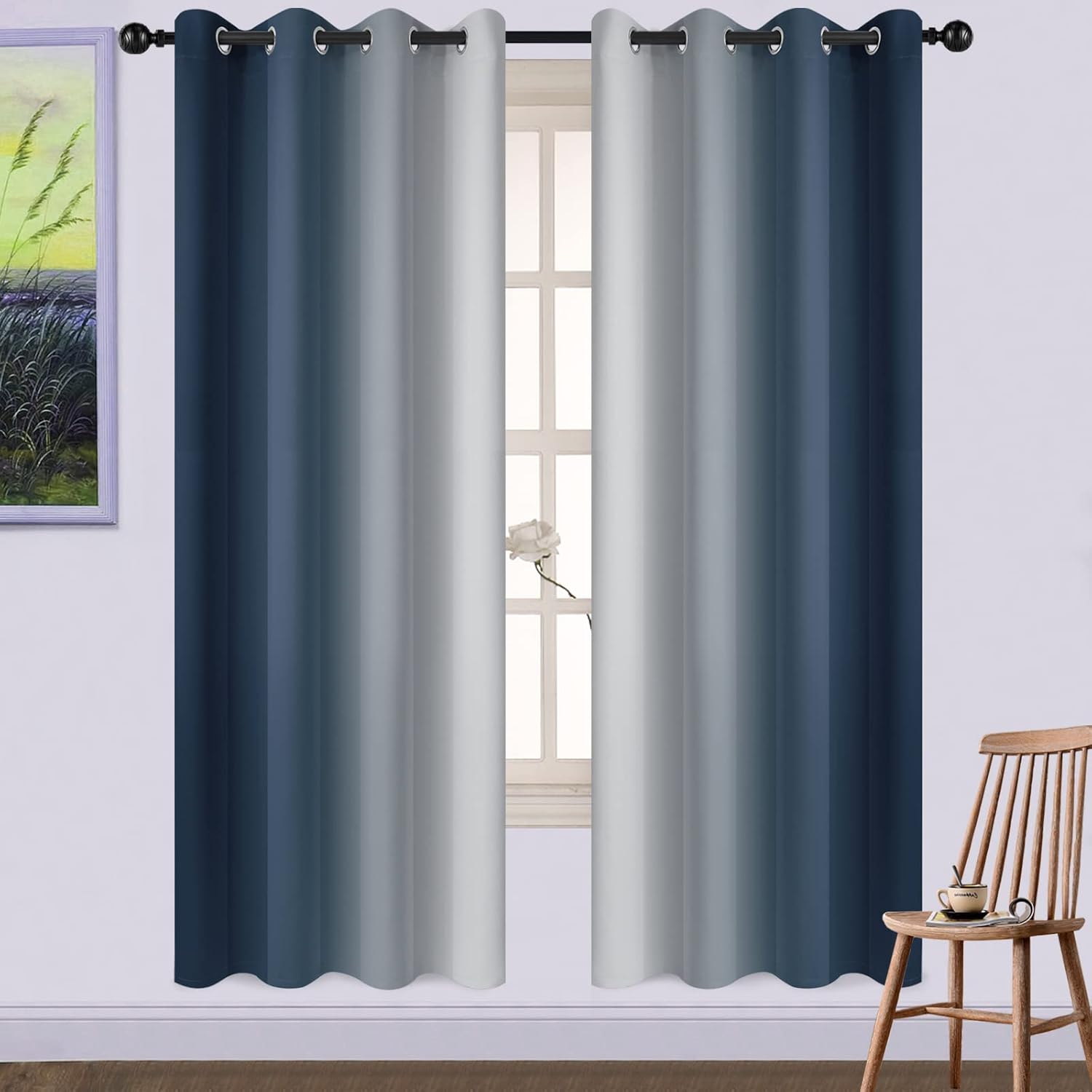 Yakamok Room Darkening Ombre Curtains 72 Inch Length, Navy Blue and Greyish Whit...