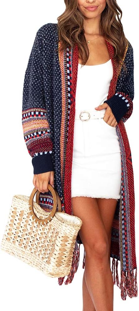 FERBIA Women Boho Cardigan Sweater Long Open Front Maxi Knit Sweaters Aztec Trib...