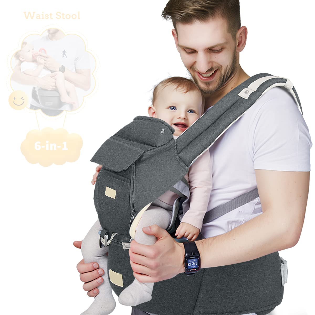 FRUITEAM 6-in-1 Baby Carrier with Waist Stool, One Size Fits All -Adapt to Newbo...