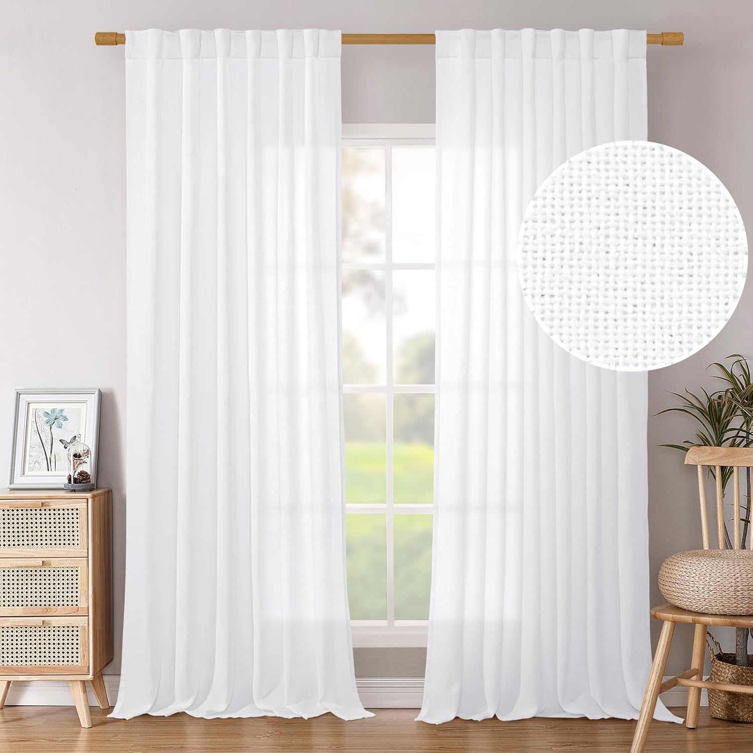 BGment White Linen Curtains, Special Window Drapes 90 Inch Length, Light Filteri...