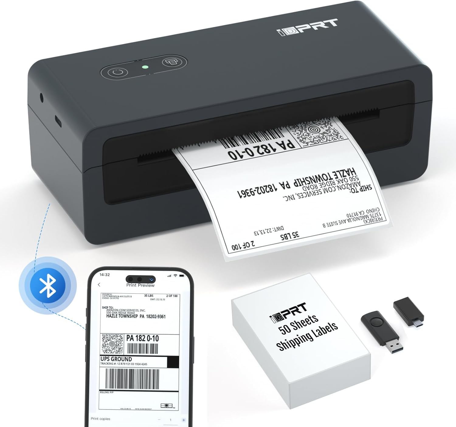 iDPRT Shipping Label Printer 4x6 Bluetooth Thermal Label Printer for Small Busin...