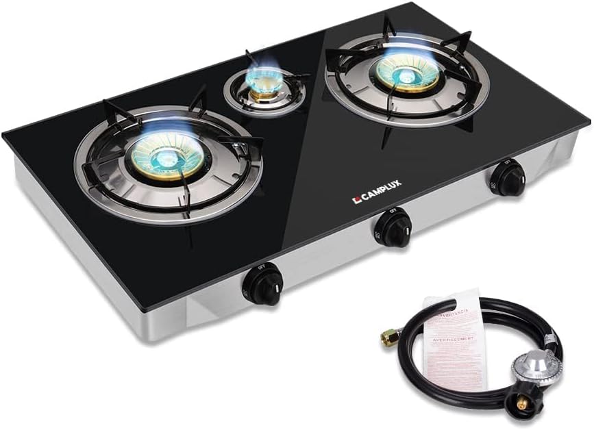 Camplux Propane Gas Stove with 21,600BTU, 3 Burners Propane Stove, Tempered Glas...