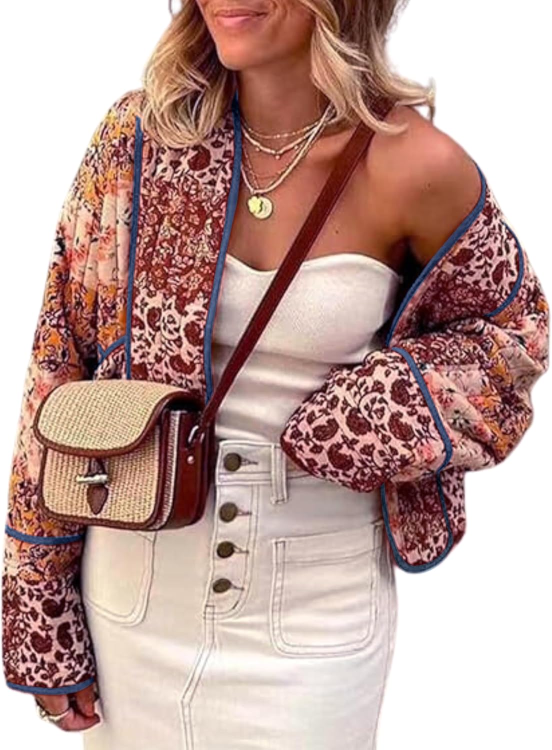 Omoone Women's Cropped Floral Quilted Jacket Cardigan Printed Lightweight Open F...