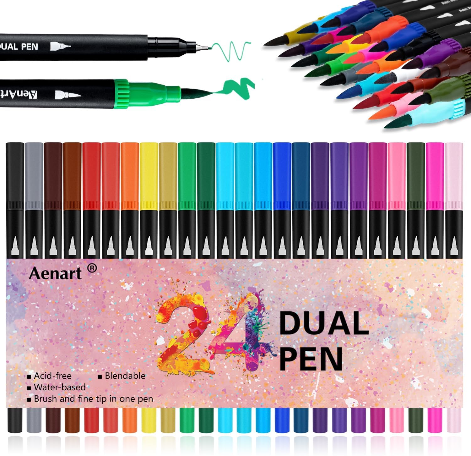 Dual Brush Markers for Adult Coloring Books, 24 Colored Fine Point Marker Pen fo...