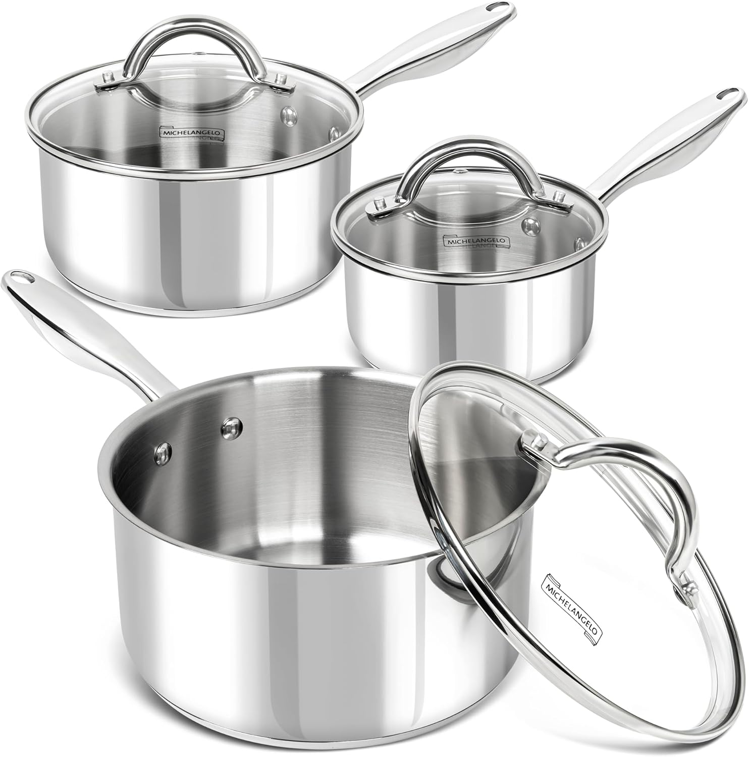 MICHELANGELO Saucepan Set 6pc, 18/10 Stainless Steel Sauce Pan with Lid, Tri-Ply...