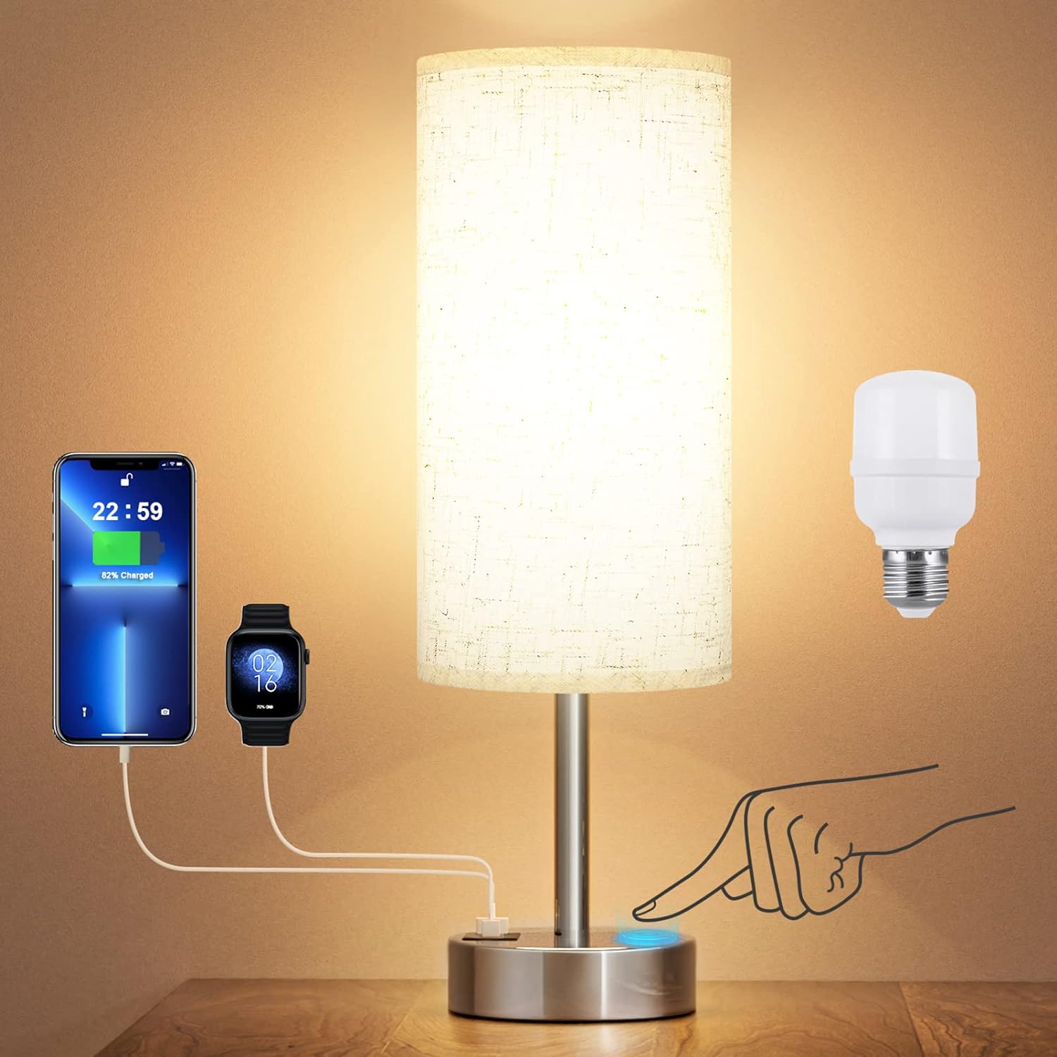 Touch Table Lamp for Bedroom Nightstand - Bedside Lamp with USB-C USB-A Charging...