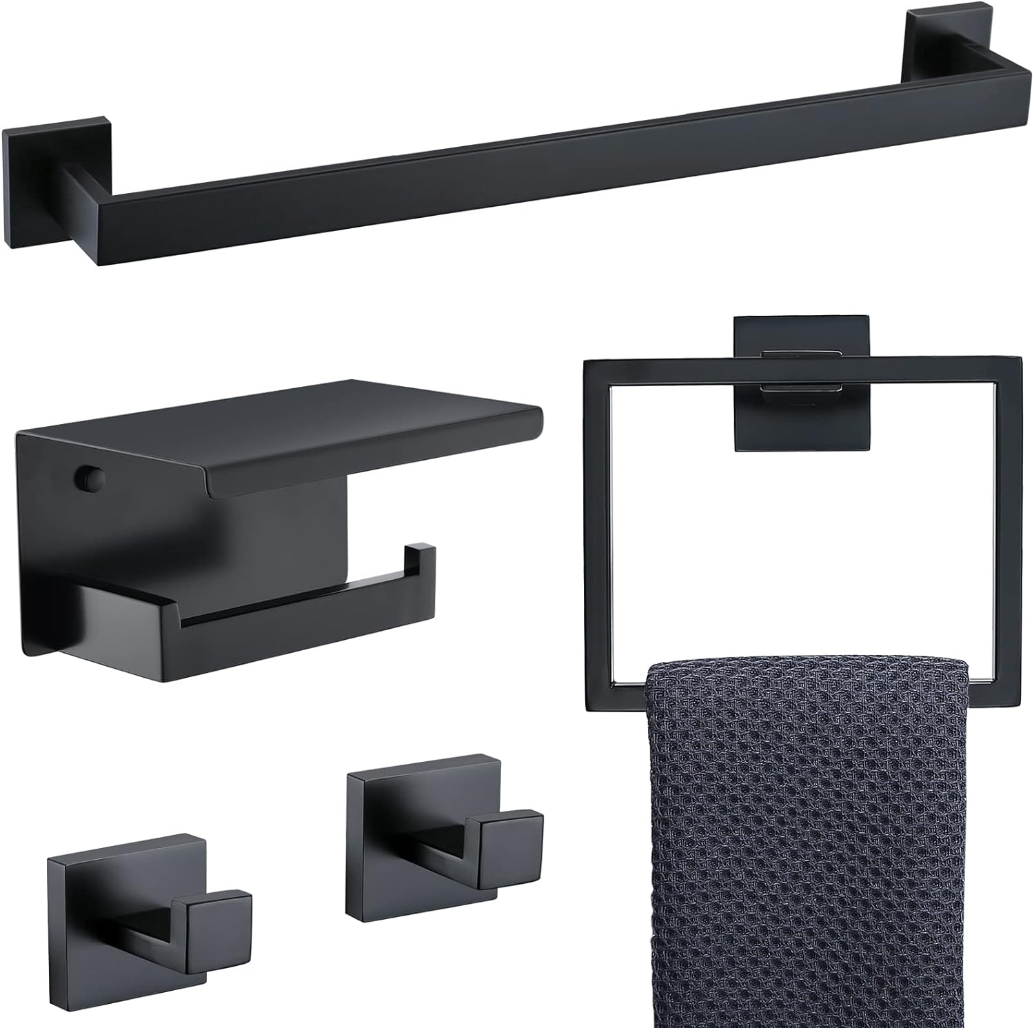 TNOMS Black Towel Bar Set 5-Piece Bathroom Hardware Set Including 23.6 Inch Towe...