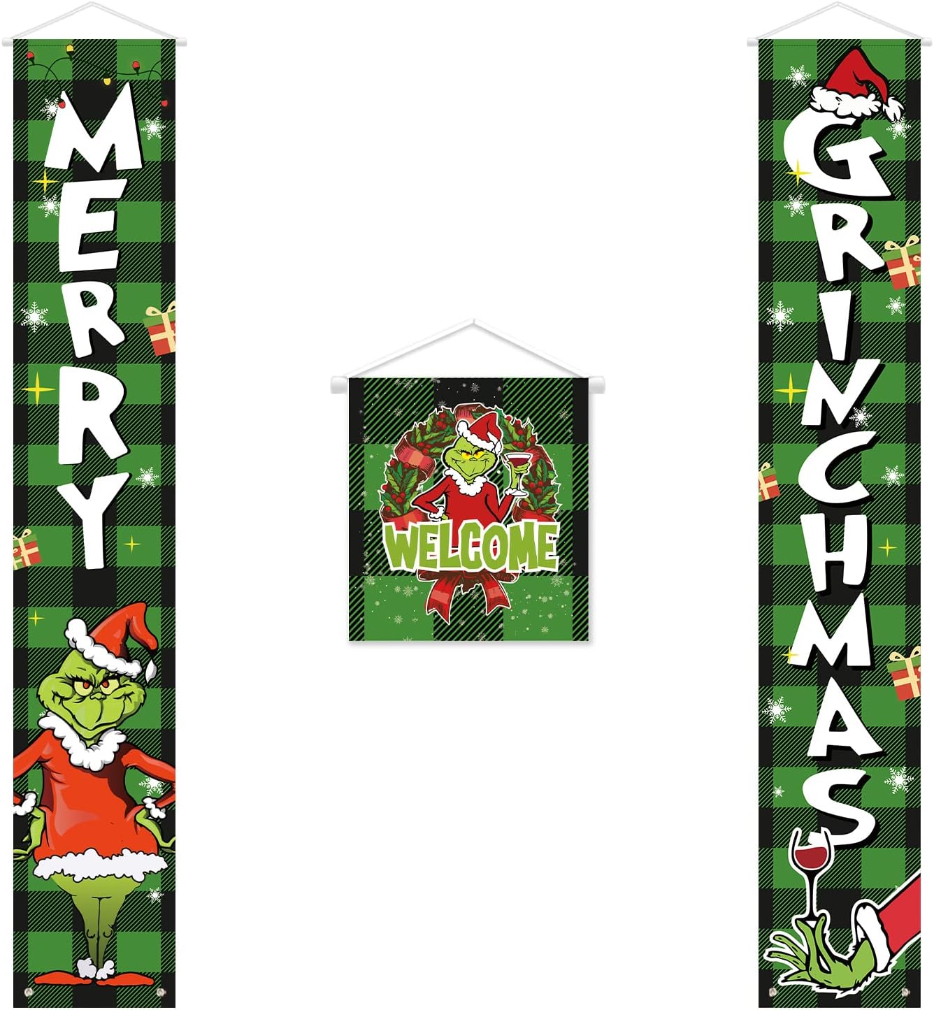 Christmas Banner Porch Decorations, Unique 3 PCS Griinchs Christmas Door Banner...