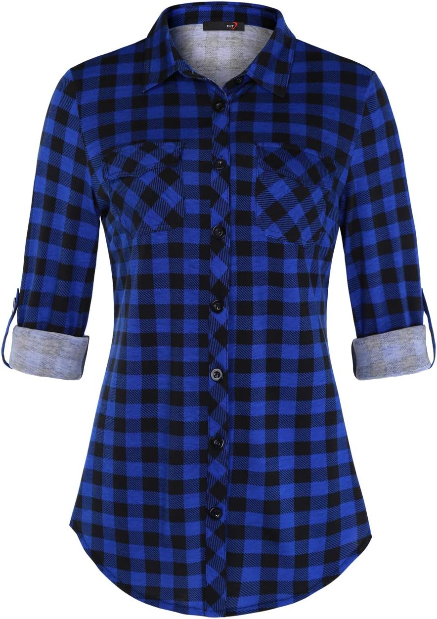 DJT Womens Soft Stretchy Knit Plaid Shirts Roll Up Long Sleeve Collared Button D...