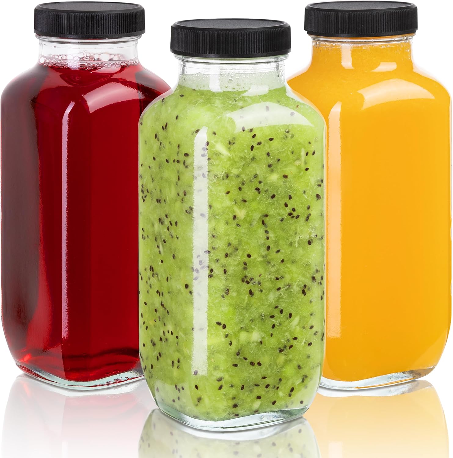 Juice Bottles with Lids, 16 Oz - Set of 3 - Clear Glass Jars with Caps - Reusabl...