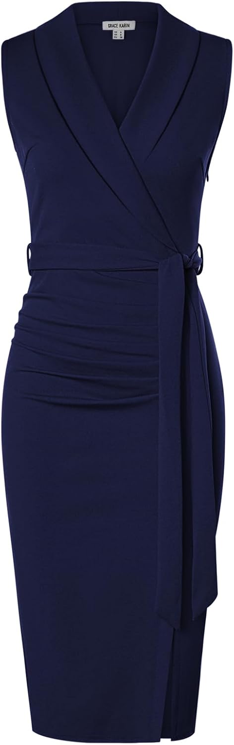 GRACE KARIN Women's Bodycon Dress Sleeveless Shawl V-Neck Wrap Midi Business Wor...