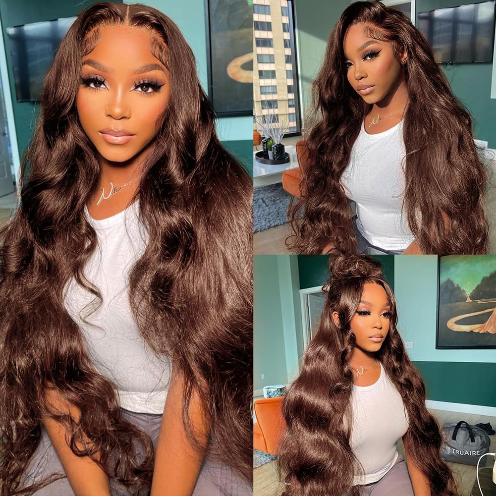 Chocolate Brown Lace Front Wig Human Hair,HD Lace Body Wave Human Hair Lace Fron...