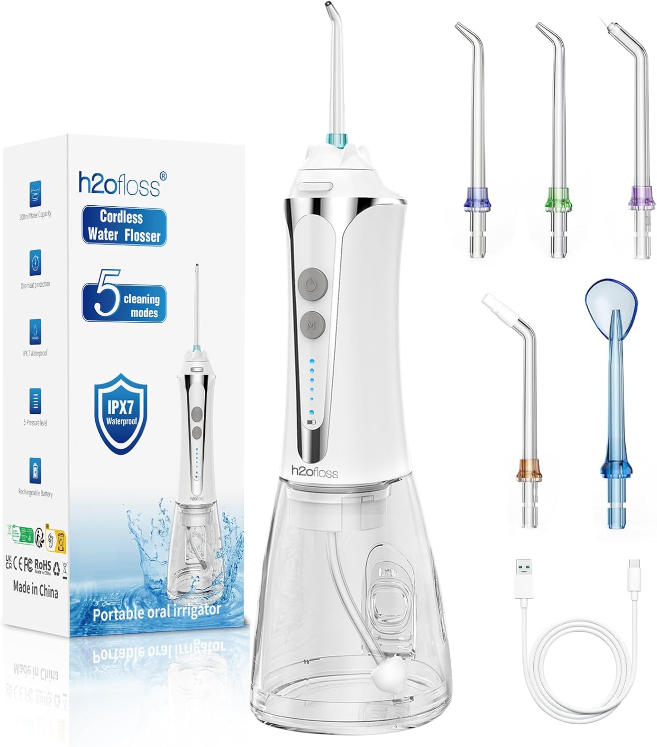 H2ofloss Water Dental Flosser Cordless, 300ML Rechargeable Oral Irrigator for Te...