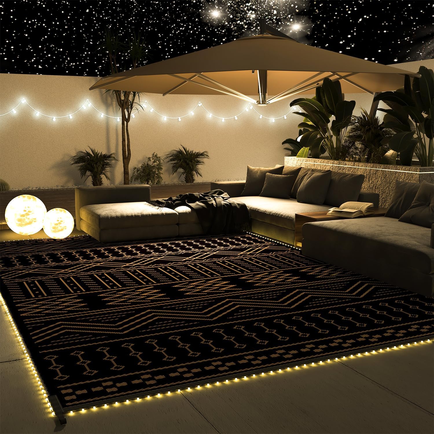 Outdoor Rug Carpet Waterproof 8x10 ft with LED Strip Lights-Patio Rug Mat Indoor...