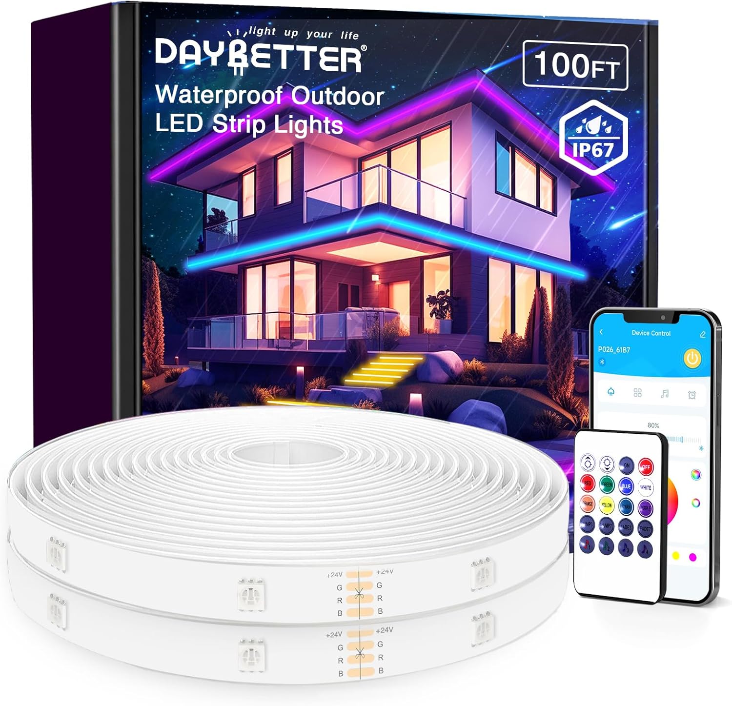 DAYBETTER 100 ft Outdoor LED Strip Lights Waterproof,IP67 Outside LED Light Stri...