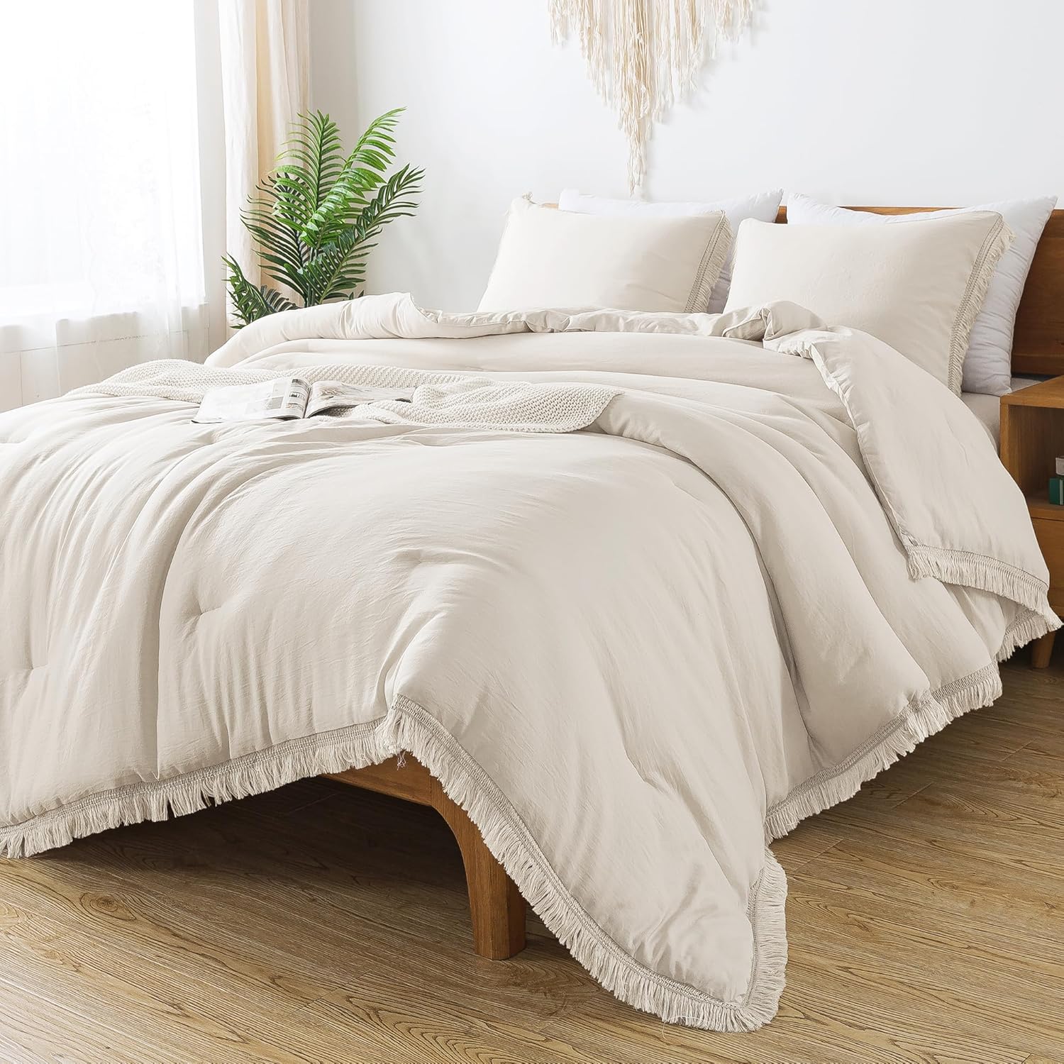 Andency King Size Comforter Set Beige, 3 Pieces Boho Lightweight Tassel Fluffy B...