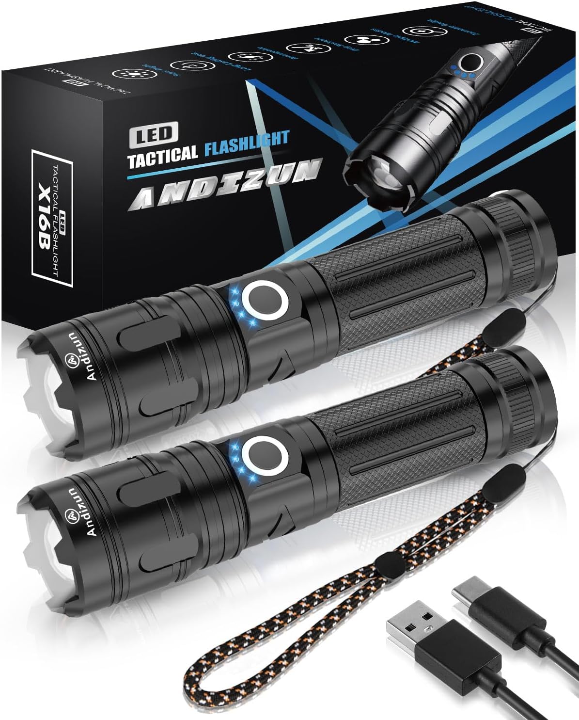 Andizun Torches 10000 Lumens Rechargeable Flashlight, Led Torch 5 Modes Super Br...