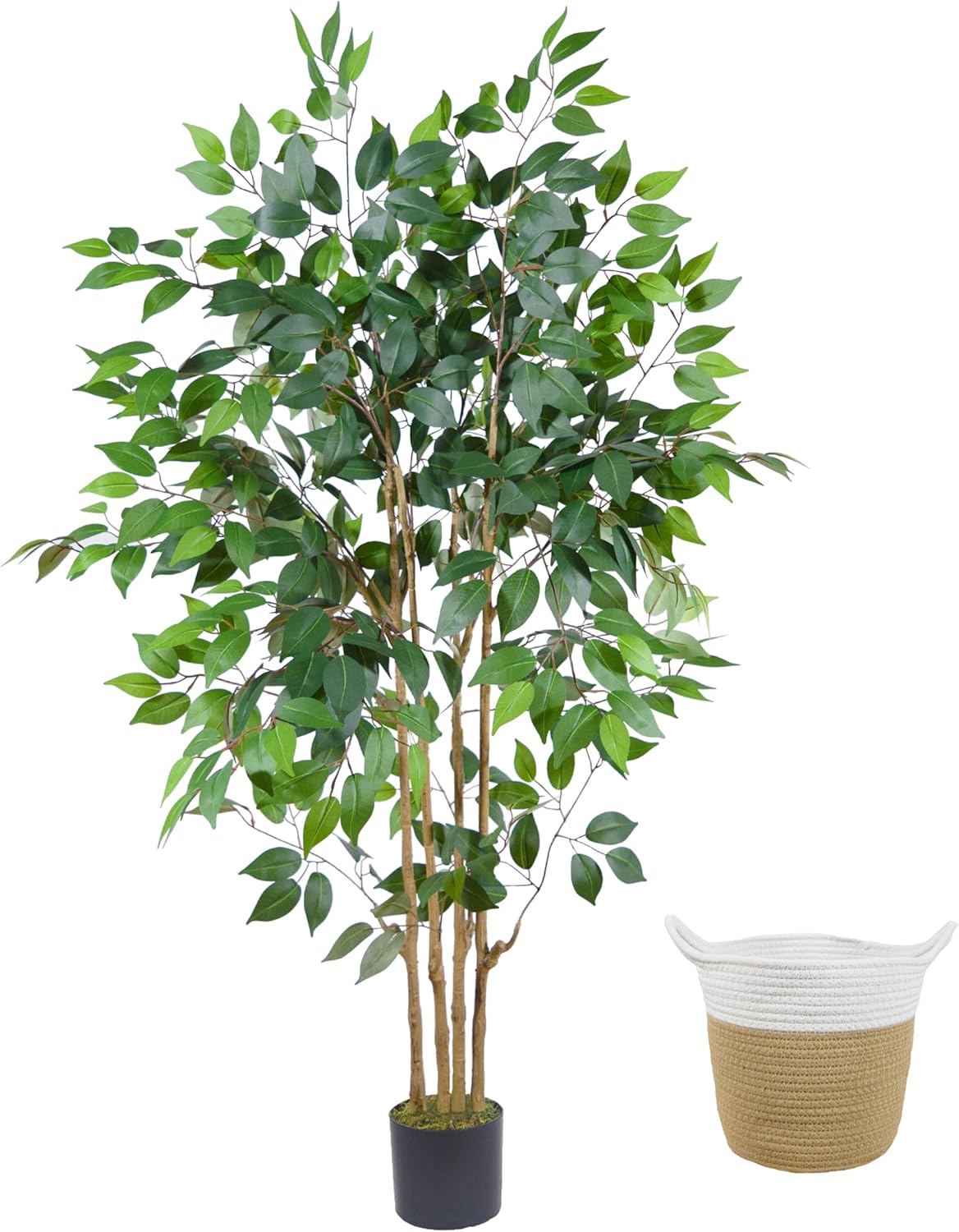 Artificial Ficus Tree, 5ft Tall Silk Fake Ficus Leaves Plant with Basket, Indoor...