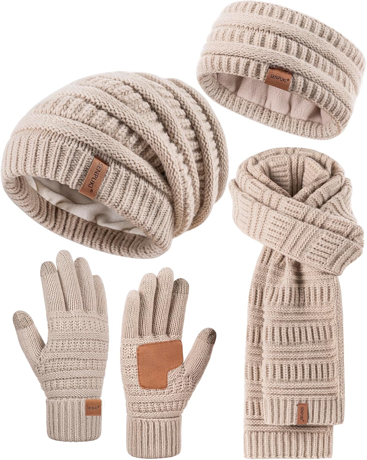 Womens Winter Beanie Hat Scarf Gloves Headband Set, Slouchy Beanie Ear Warmer Kn...