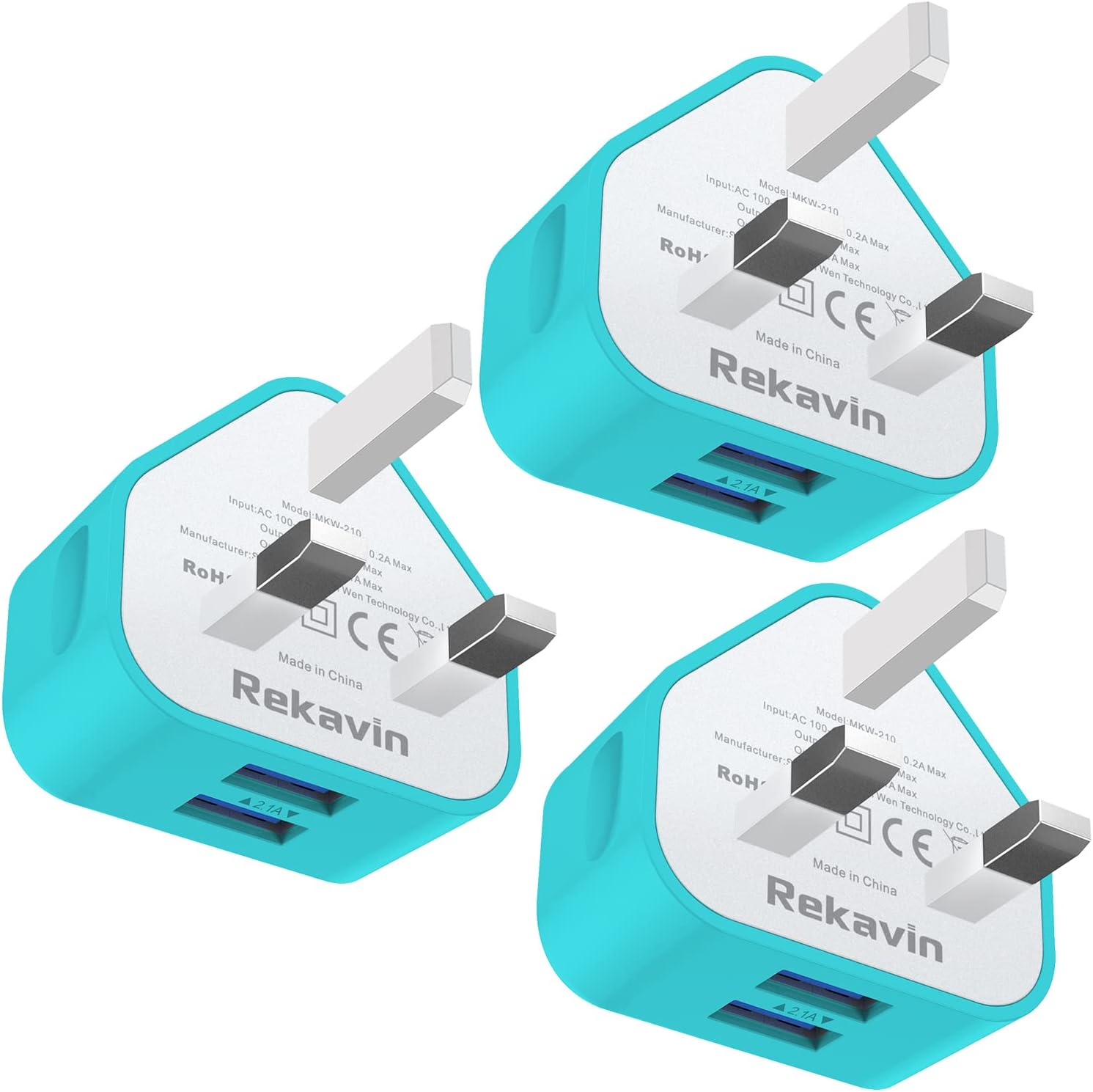 USB Charger Plug, Rekavin 3 Pack USB Plug Adaptor UK 3 Pin USB Mains Charger, Wa...