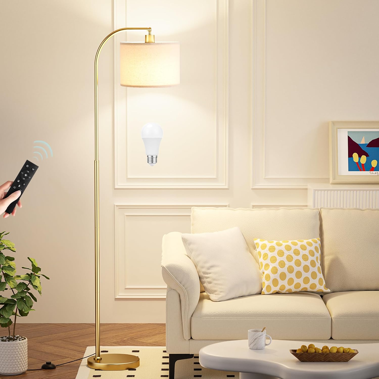 Ambimall Gold Arc Floor Lamp with Remote - Dimmable Bulb, Colors Temperature Adj...
