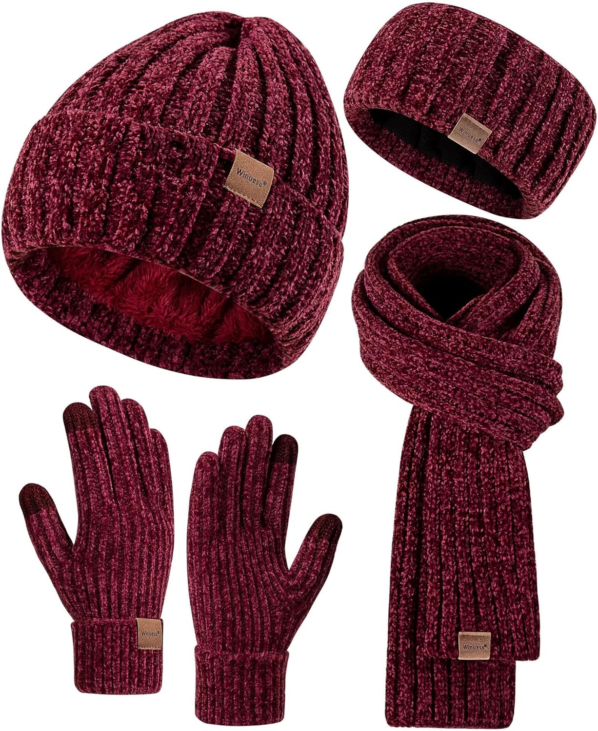 Women Beanie Scarf Gloves Headband Set, Chenille Winter Hats Fleece Lined Ear Wa...