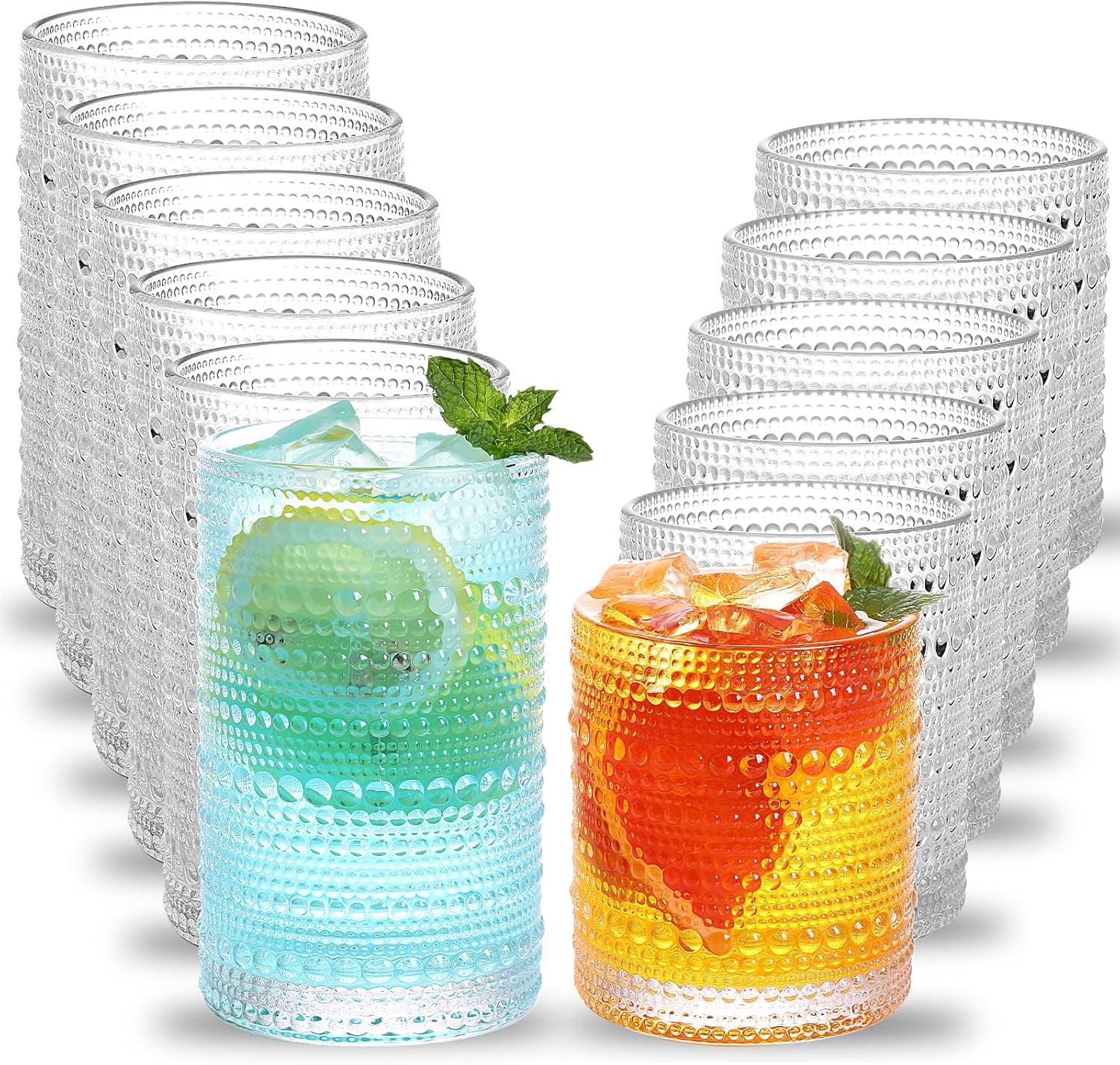 Moretoes Hobnail Drinking Glasses Set of 12, Vintage Glass Cups Set, 12oz Highba...