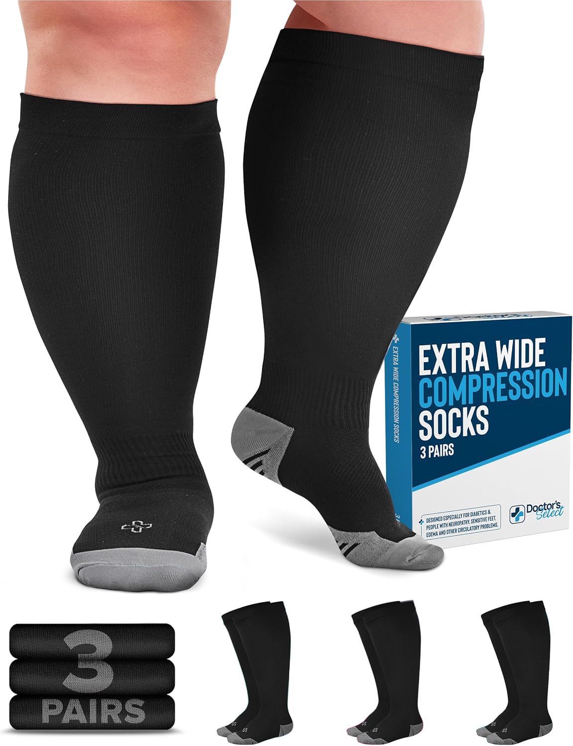 Doctor's Select 3 Pairs Plus Size Compression Socks Wide Calf - Up to 6XL | 20-3...