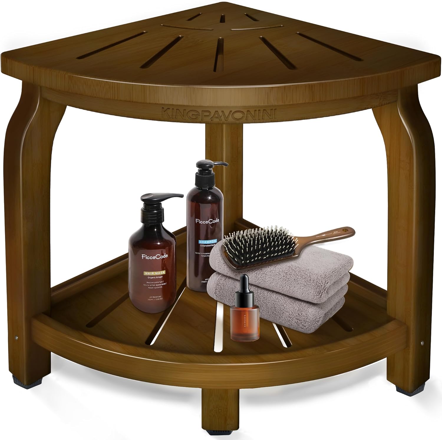 KingPavonini Bamboo Corner Shower Stool for Shaving Legs Foot Rest, Waterproof B...