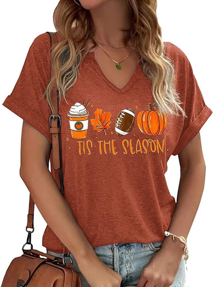 Tis The Season Halloween T-Shirt Womens Funny Pumpkin Short Sleeve Shirts Fall S...