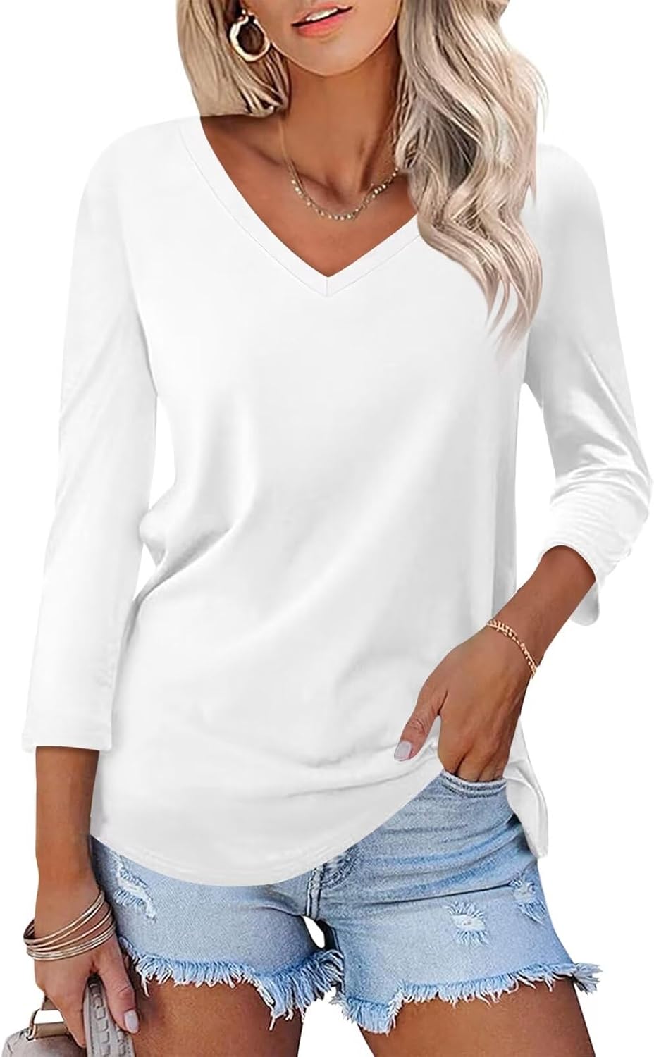 Minetom Women's V Neck 3/4 Sleeve T Shirt Solid/Color Block Casual Basic Tops Su...