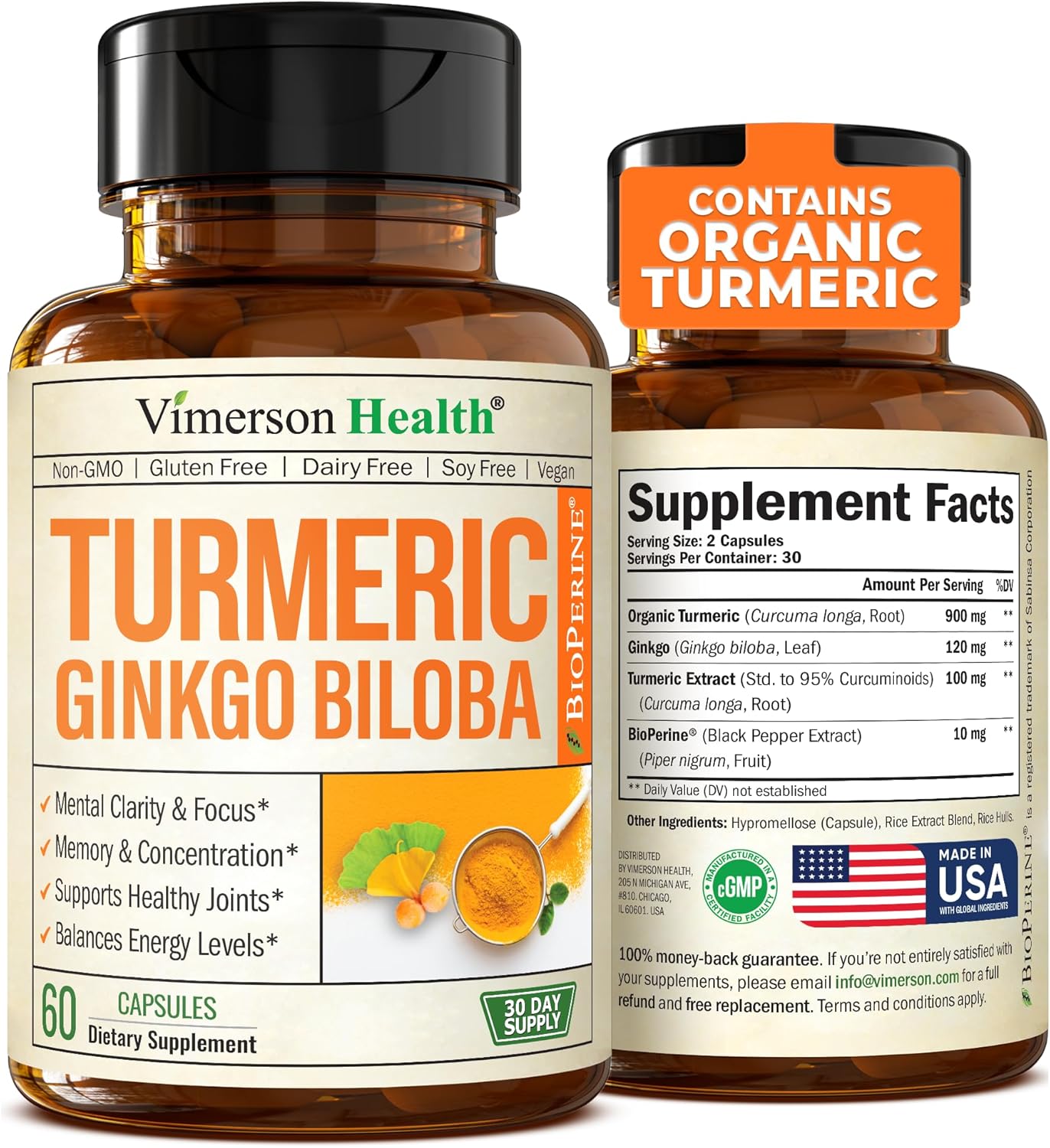 Turmeric Curcumin & Ginkgo Biloba Supplements with Bioperine Black Pepper - Vega...