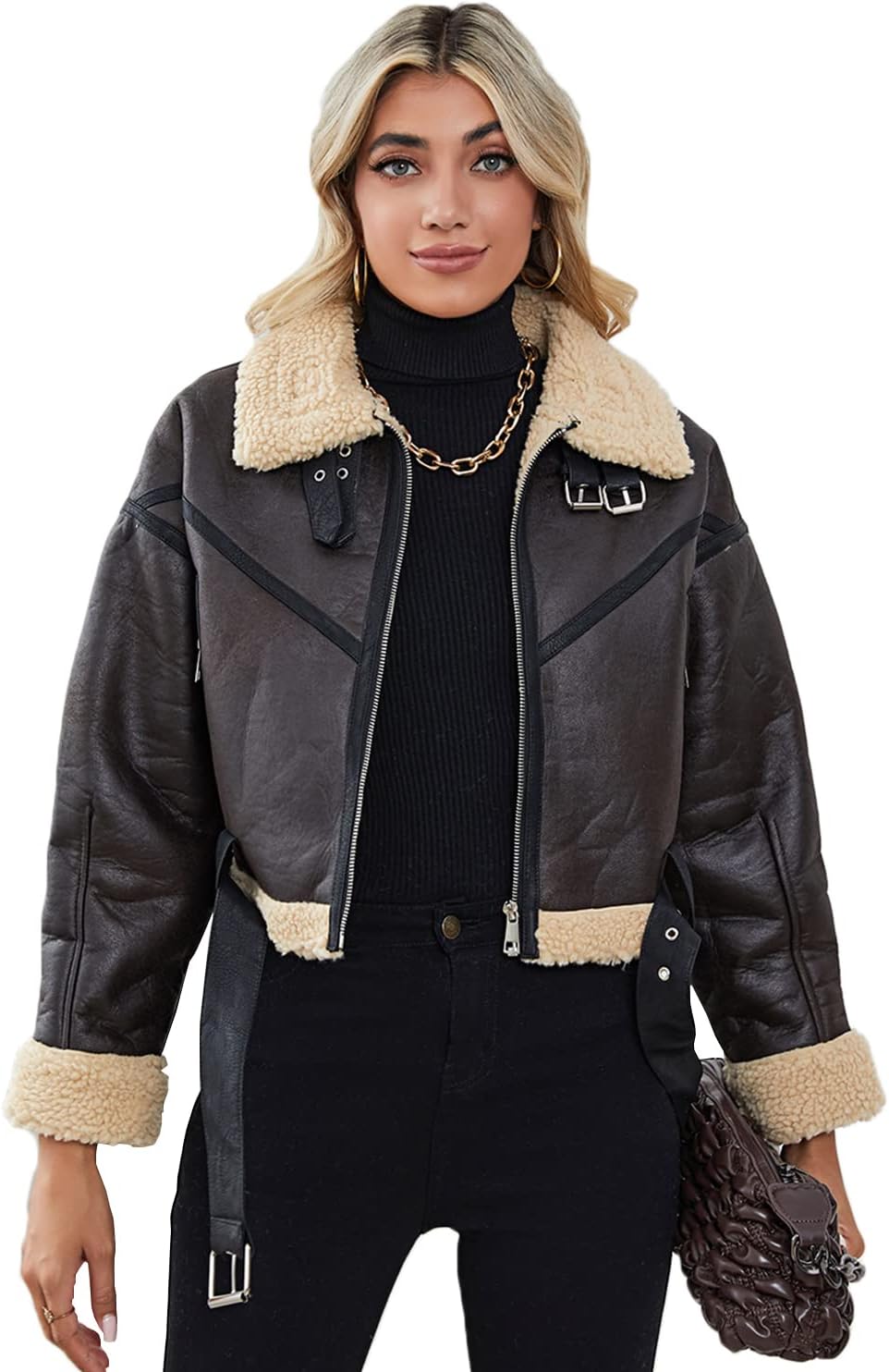 LY VAREY LIN Winter Women Faux Lamb Fur Leather Short Jacket Lapel Zipper Bomber...