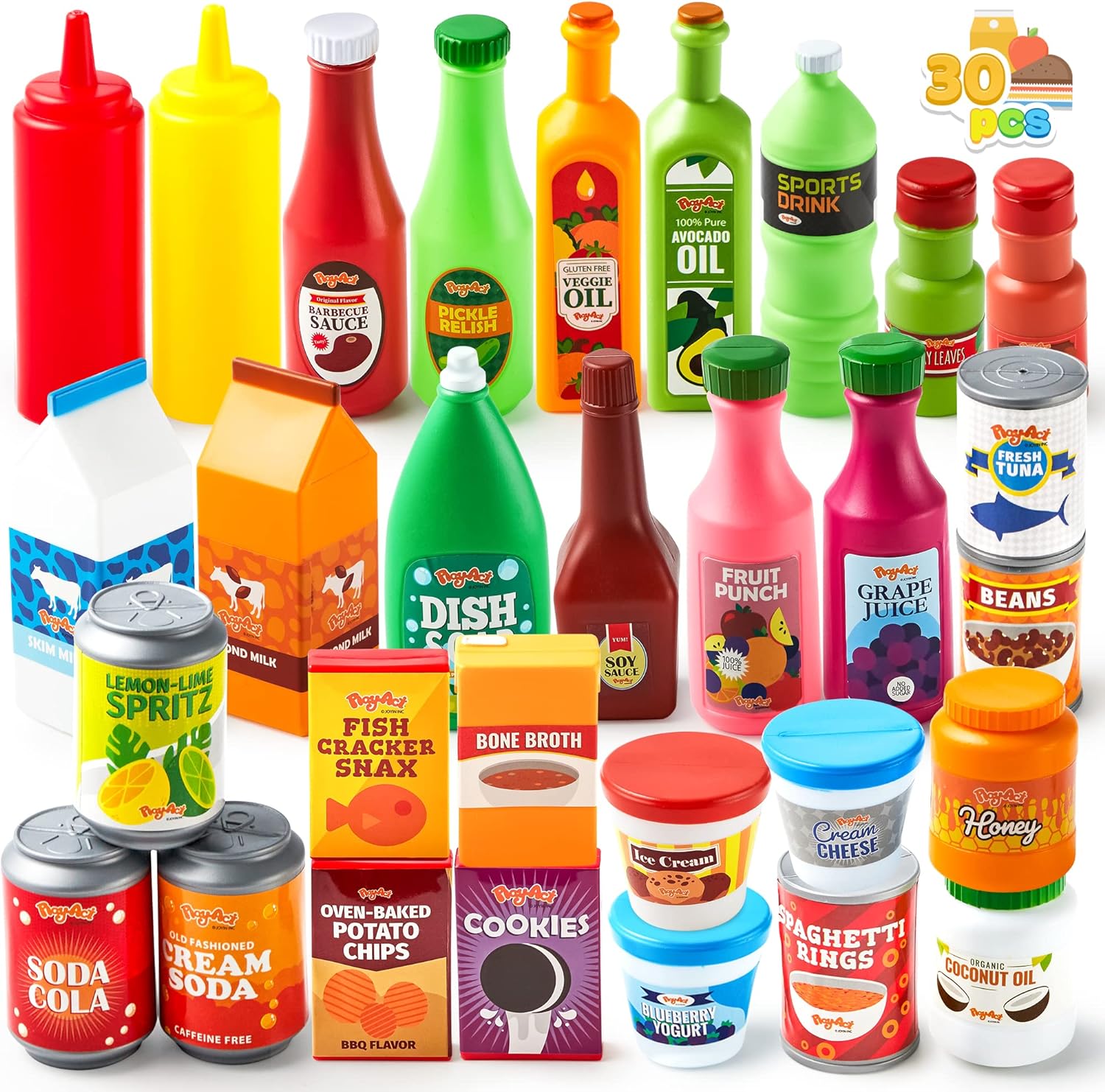 JOYIN 30Pcs Play Food Grocery Cans, Play Kitchen Accessories, Includes Drink, Ju...