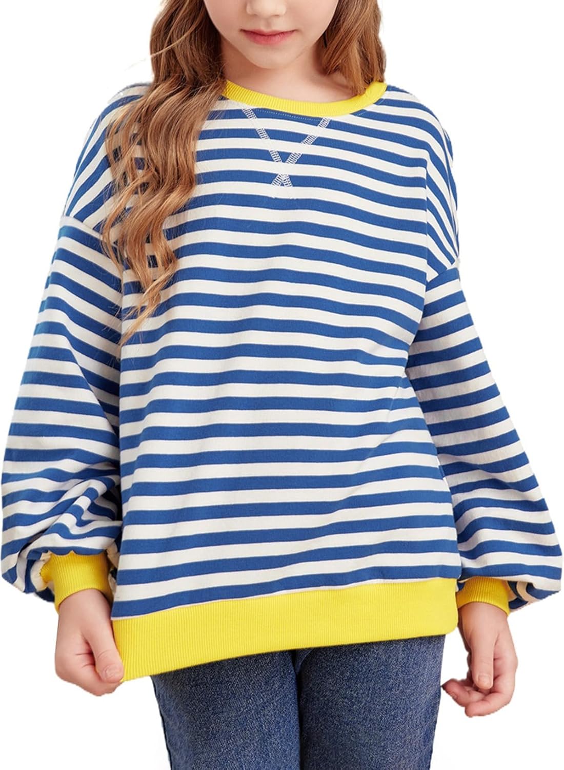 blibean Girls Cotton Long Sleeve Sweathirts Striped Color Block Tops Size 6-15 Y...