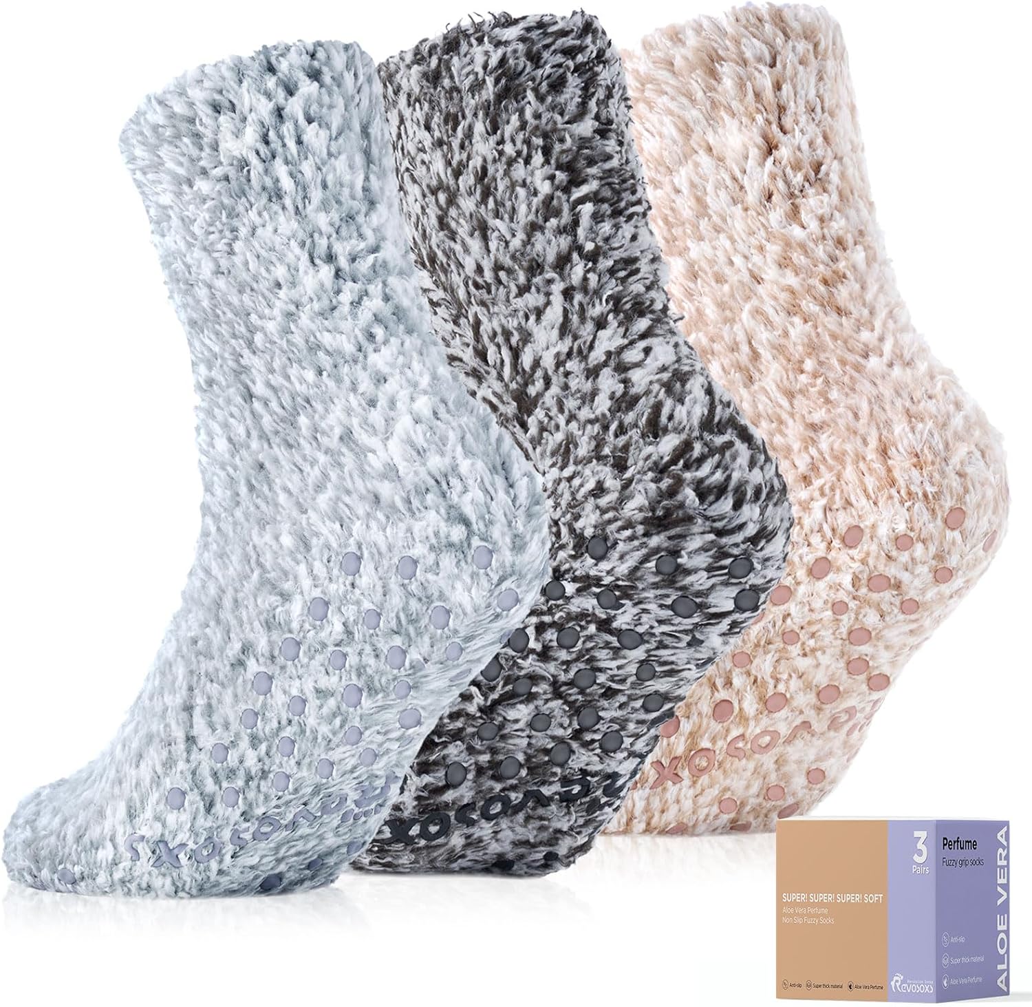 Fuzzy Socks with Grips for Women Men,Non Slip Hospital Crew Socks with Aloe Vera...
